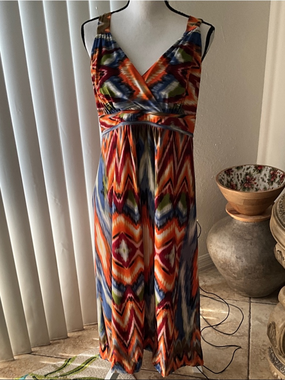 Sleeveless Multicolor Ikat Maxi Dress - V-Neck